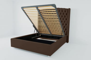 Мягкая интерьерная кровать "Берлин Люкс" с подъемным механизмом Материал фасада: Искусственная кожа; Спальное место: 2000х2000 мм; Цвет фасада: Коричневый; Цвет корпуса: Коричневый 
