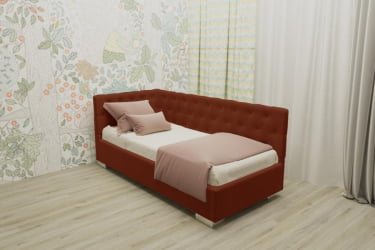 ДЕТСКАЯ МЯГКАЯ ИНТЕРЬЕРНАЯ КРОВАТЬ ВЕРСАЛЬ С ОРТОПЕДИЧЕСКИМ ОСНОВАНИЕМ (BERHOUSE) Цвет фасада: Оранжевый; Материал фасада: Металл/Велюр; Спальное место: 1200х1900