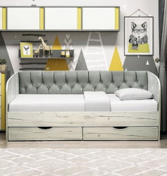 Кровать с продольной мягкой спинкой Софа №13 (800х1600) Дуб Крафт серый Велюр 001