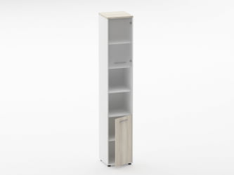 Шкаф 5 узкий верх стеклянная дверь, низ закрытый, две полки открытые Deka 10.23.19Пр Дуб Сантана светлый/Белый