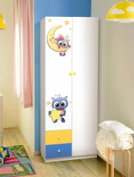 Зеленый шкаф комбинированный с ящиками и фотопечатью Совята 2.1 Белый/Оранжевый/Лайм