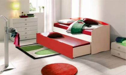 Кровать детская выдвижная Дуб молочный/Синий/Малиновый глянец