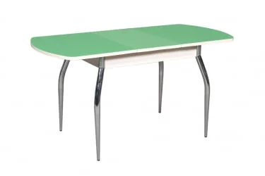 Стол раздвижной 1,45 Грация, СТЕКЛО, опоры изогнутые ХРОМ, Дуб беленый/Зеленое яблоко