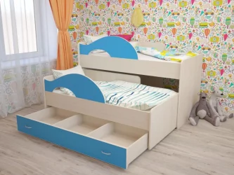 Кровать выкатная двухъярусная РАДУГА Без ящика Дуб млечный / Голубой