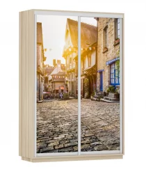 Шкаф-купе с фотопечатью Экспресс Дуо 1400х2200h Улица/Ясень шимо светлый