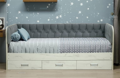 Кровать с продольной мягкой спинкой Софа №14.1 (900х2000) Дуб Крафт золотой Велюр 014