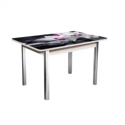 Стол раздвижной 1,55 Победа, СТЕКЛО, опоры полуовал ХРОМ, Беленый дуб/R041