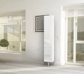 Распашной шкаф в гостиную в белом глянцевом стекле Зум Шелф Беленый дуб