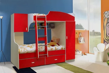 Кровать 2х ярусная №4 с ящиками и шкафом Дуб молочный/Лайм