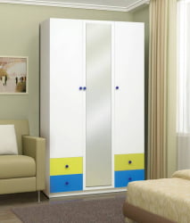 Шкаф 3-х дверный с ящиками и зеркалом Радуга Белый/Лайм/Синий