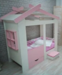 Кровать Теремок с ящиком и ступенькой Белая-Розовый