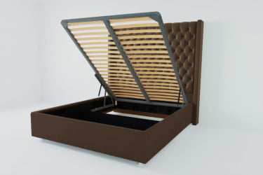 Мягкая интерьерная кровать "Версаль Люкс" с подъемным механизмом Материал фасада: Искусственная кожа; Спальное место: 2000х2000 мм; Цвет фасада: Коричневый; Цвет корпуса: Коричневый 