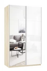 Шкаф-купе двухдверный Прайм 1400 Зеркало/Белое стекло Дуб сонома
