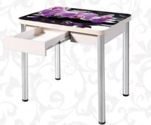 Круглый раздвижной стол Ника с ящиком СТЕКЛО, опоры D50 круглые ХРОМ, Беленый дуб/139222259