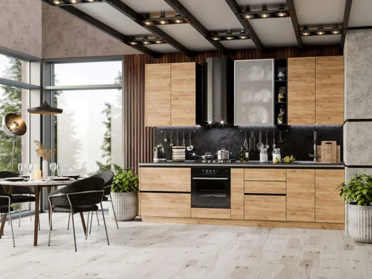 Шкаф кухонный 800 горизонтальный с 2 складными дверями комбинированный со стеклом Шервуд ЛД 281.981.000.049 Черный Дуб золотой_2