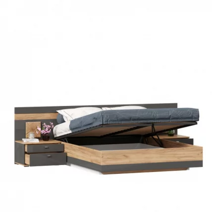 Кровать двуспальная 1600 с тумбами и декоративным щитом Фиджи 016 Дуб Золотой Антрацит_1