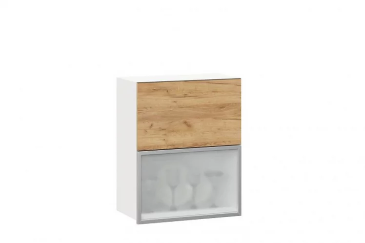 Шкаф кухонный 600 горизонтальный с 2 складными дверями комбинированный со стеклом Шервуд ЛД 281.971.000.135 Белый Дуб золотой_0