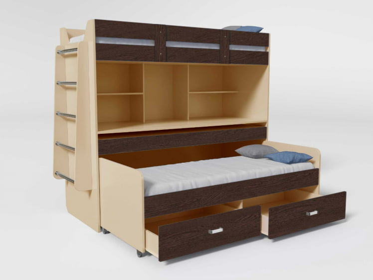 Кровать 2х ярусная №2 с ящиками и столом Дуб молочный/Венге_0