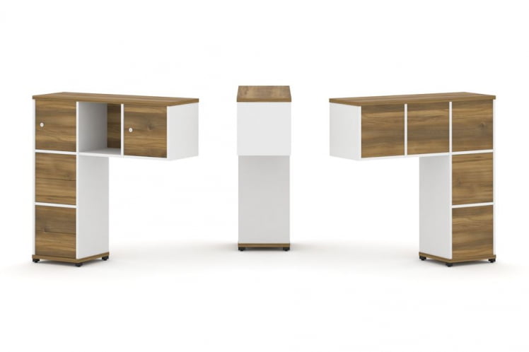 Надставка на стол низкая односторонняя + задняя стенка (5шт.) + блок с 2-мя ящиками (2шт.) + распашной фасад (2 шт.) CONCEPT CN.ONN-004 Сандал Янтарный Белый бриллиант Черный металл_0