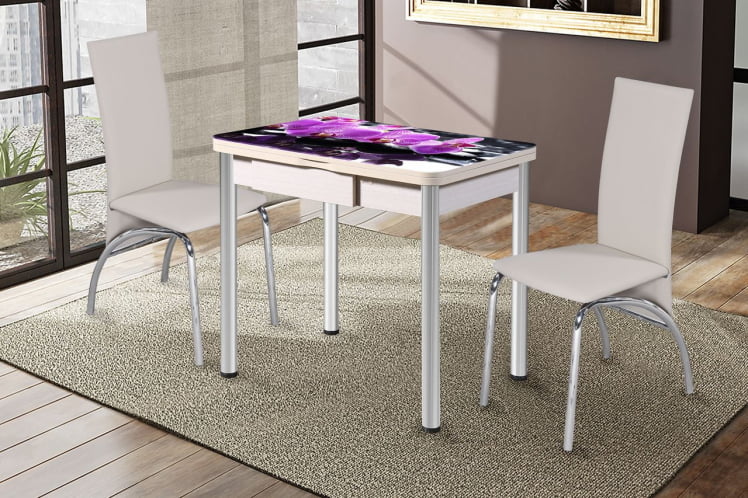 Стол поворотно-раскладной 1,2 Ника с ящиком СТЕКЛО, опоры D50 круглые ХРОМ, Беленый дуб/R045_0