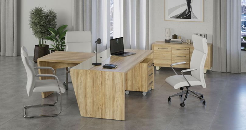 Стол руководителя с опорной тумбой, левый Corner COR.SRT-18(L) Гикори Песочный Ваниль_2