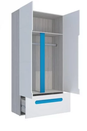 Шкаф двустворчатый с ящиками Палермо Юниор 07 Белый глянец Ясень шимо светлый Синий_2