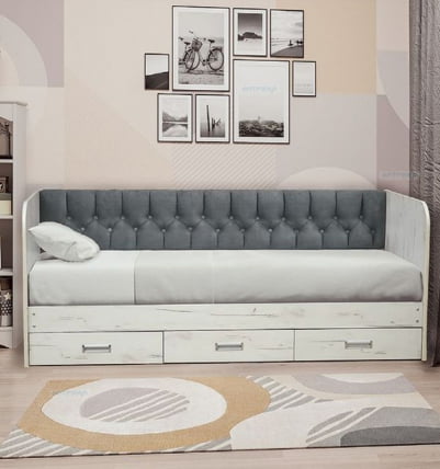 Кровать с продольной мягкой спинкой Софа №14 (900х2000) Дуб Крафт белый Велюр 338_0