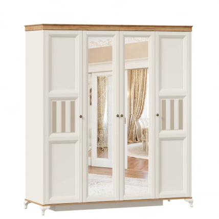 Шкаф четырехстворчатый с 2 зеркалами Вилладжио Алебастр/Дуб золотой_0