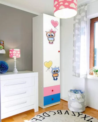 Шкаф 1-но дверный с ящиками и фотопечатью Совята 1.1 Белый/Оранжевый/Желтый_0