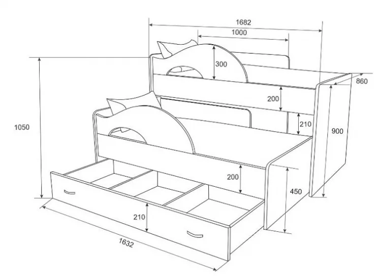 Кровать выкатная двухъярусная РАДУГА Без ящика Ясень шимо темный / Ясень шимо светлый_1