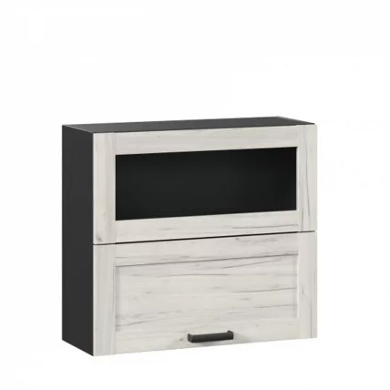 Шкаф кухонный 800 горизонтальный с 2 складными дверями комбинированный со стеклом Винченца ЛД 234.980.000.093 Черный Дуб Крафт белый_0