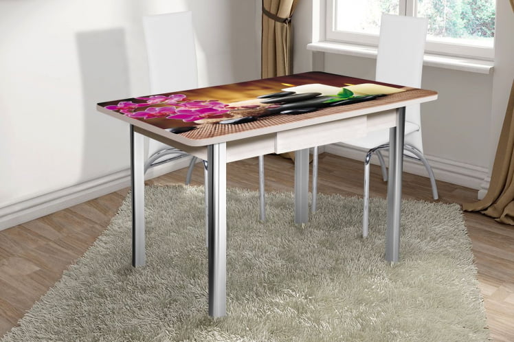 Стол нераздвижной с ящиком 1,2 Победа, СТЕКЛО, опоры полуовал ХРОМ, Беленый дуб/R006_1