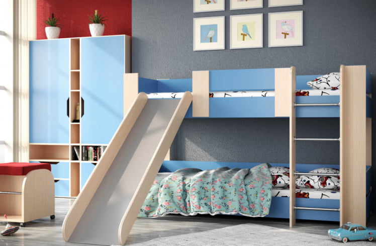 Кровать 2х ярусная №6 с горкой Дуб молочный/Синий_0