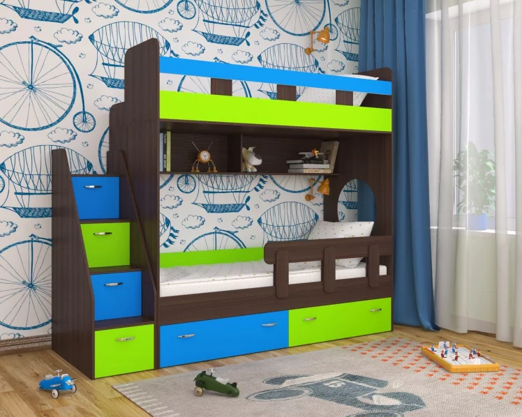 Кровать Юниор 1 (без бортика) Бодего-лайм синий_0