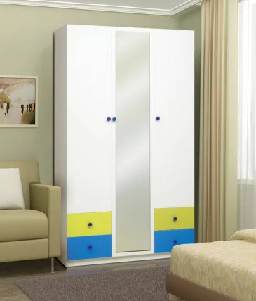 Шкаф 3-х дверный с ящиками и зеркалом Радуга Белый/Лайм/Синий_0