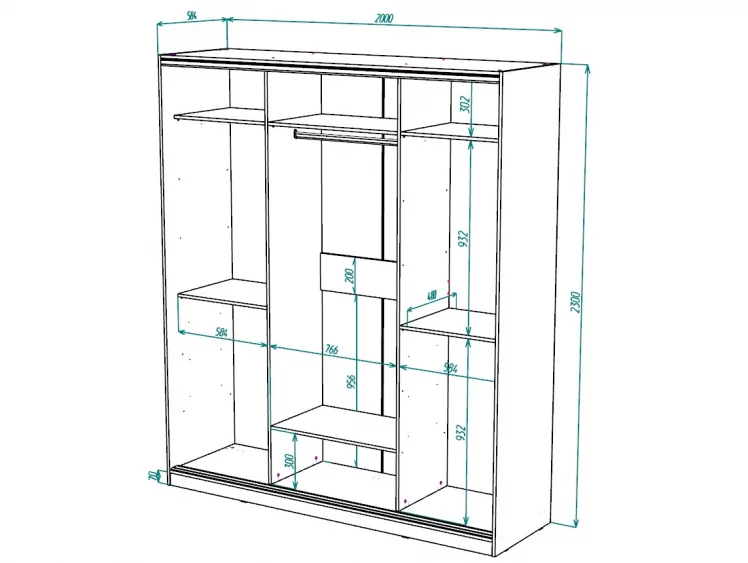 Шкаф-купе 3-х дверный Виктория 2000х584х2300, Белый 20ДЗЗЗДЗЗЗДЗЗЗ-ЯЯПП-Б 310-3320_2