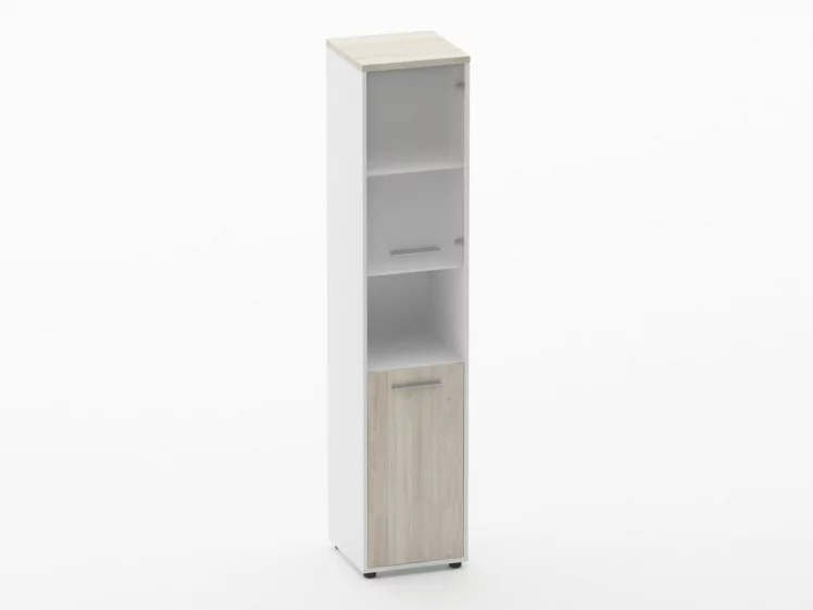 Шкаф 4 узкий верх стеклянная дверь, низ закрытый, с нишей Deka 10.19.18Пр Дуб Сантана светлый/Белый_0