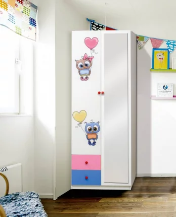 Шкаф 2-х дверный комбинированный с ящиками, зеркалом и фотопечатью Совята 2.2 Белый/Ярко-розовый/Светло-розовый_0