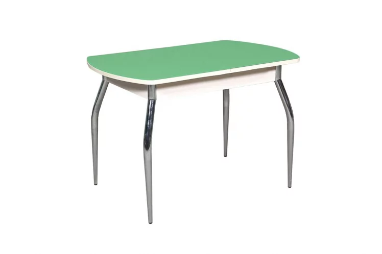 Стол раздвижной 1,45 Грация, СТЕКЛО, опоры изогнутые ХРОМ, Дуб беленый/Зеленое яблоко_0