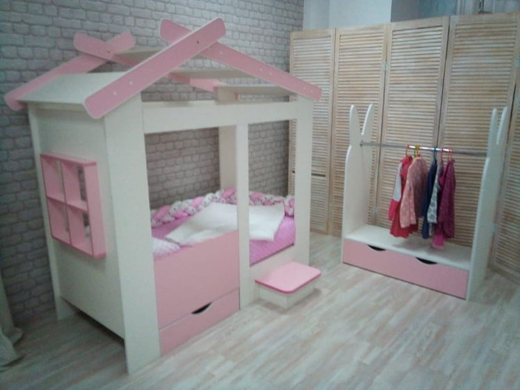 Кровать со ступенькой и ящиком и стеллаж Теремок + Зайка Белый-Розовый_2
