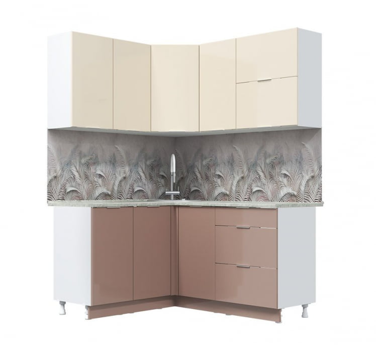 Кух. гарнитур Асти-латте угловой 1.4*1.6 м, белый/ ваниль глянец/ кофе с молоком/ ПФ королевский опал (б/с 800)_2