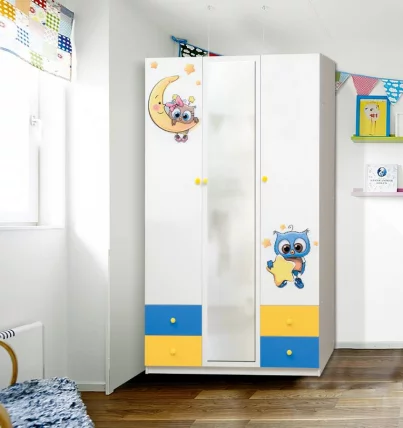 Шкаф 3-х дверный с ящиками и фотопечатью Совята 3.2 Белый/Желтый/Синий_0