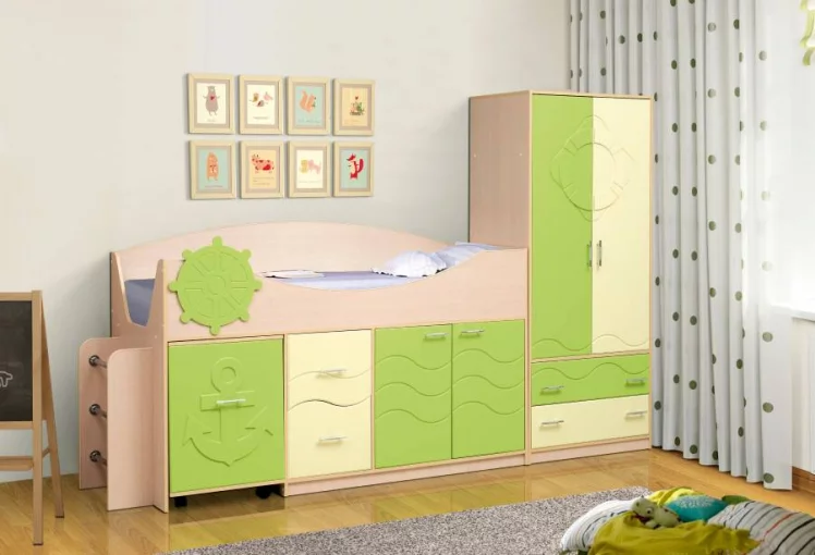 Набор модульной мебели для детской комнаты Юниор -12.1 МДФ глянец Дуб молочный/Светло-зеленый/Ваниль (копия 204527)_0