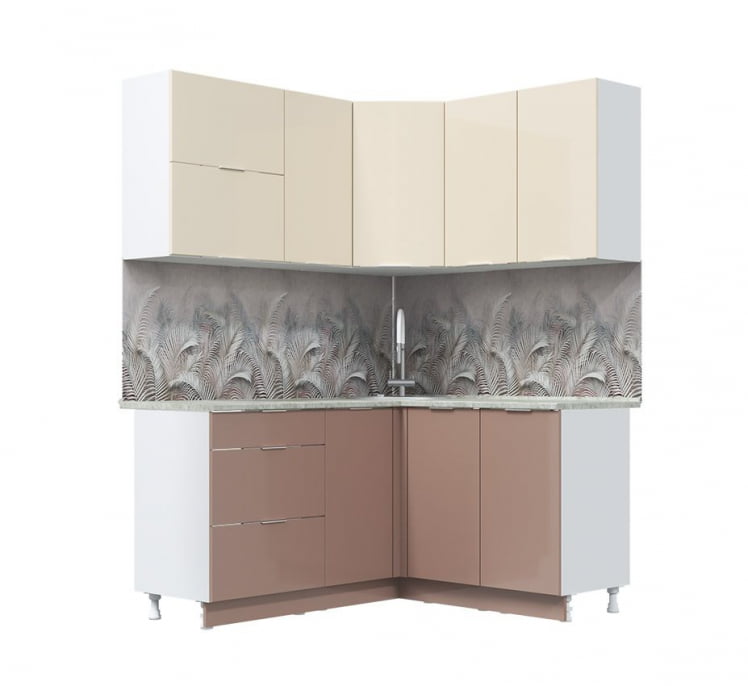 Кух. гарнитур Асти-латте угловой 1.4*1.6 м, белый/ ваниль глянец/ кофе с молоком/ ПФ королевский опал (б/с 800)_1