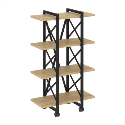 Стеллаж на колесных опорах - 4 полки LOFT  VR.L-MST.K-4.4V Металл черный Тиквуд светлый_0