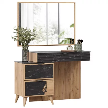 Стол туалетный с зеркалом Шелли Дуб золотой Камень Пьетра чёрный_0