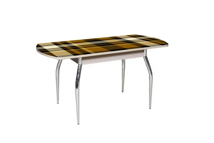 Стол раздвижной 1,45 Грация, СТЕКЛО, опоры изогнутые ХРОМ, Дуб беленый/Клетка-6_0