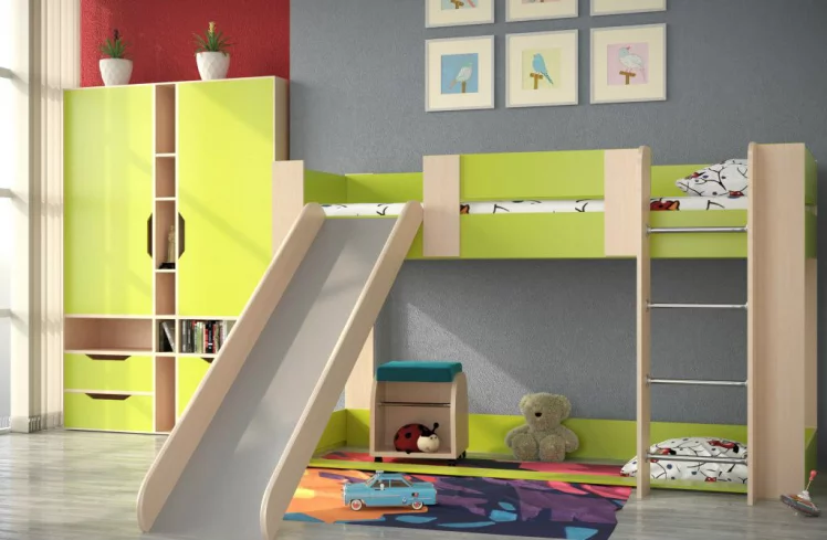 Кровать одноярусная №6 с горкой и игровой зоной Дуб молочный/Лайм_0