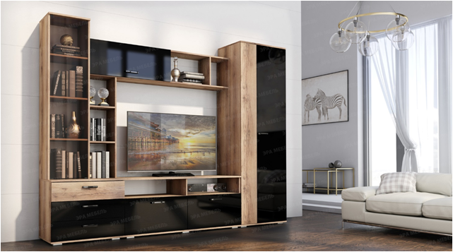 Гостиная Крокус Дуб делано/Черный глянец_1