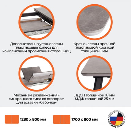 Стол обеденный NELSON МДФ/ЛДСП/металл, 128-170х80х75 см, Бетон/Черный_14